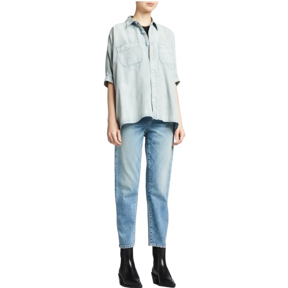 R13 FADED DENIM BLUE OVERSIZED BOXY BUTTON UP SHORT SLEEVE SHIRT - Picture 4 of 16